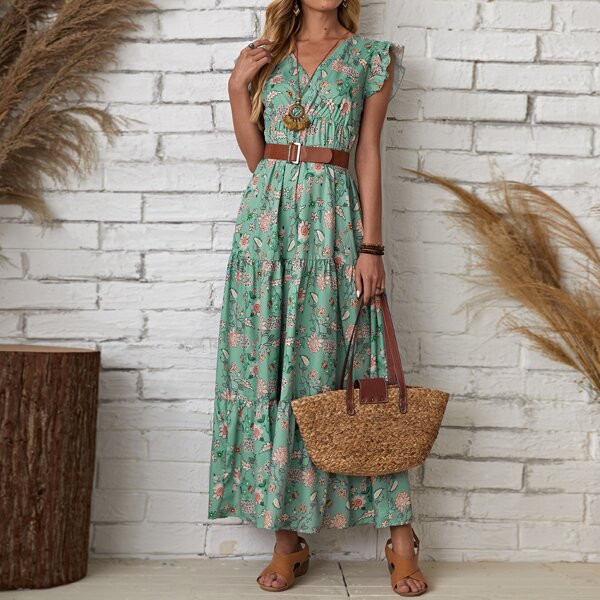 

Floral Print Butterfly Sleeve Ruffle Hem Belted Dress, Green
