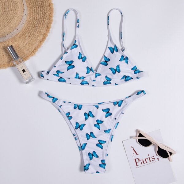 

Butterfly Random Print Thong Bikini Swimsuit, Blue and white