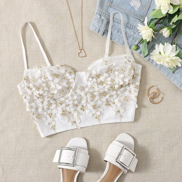 

Appliques Crop Cami Top, White