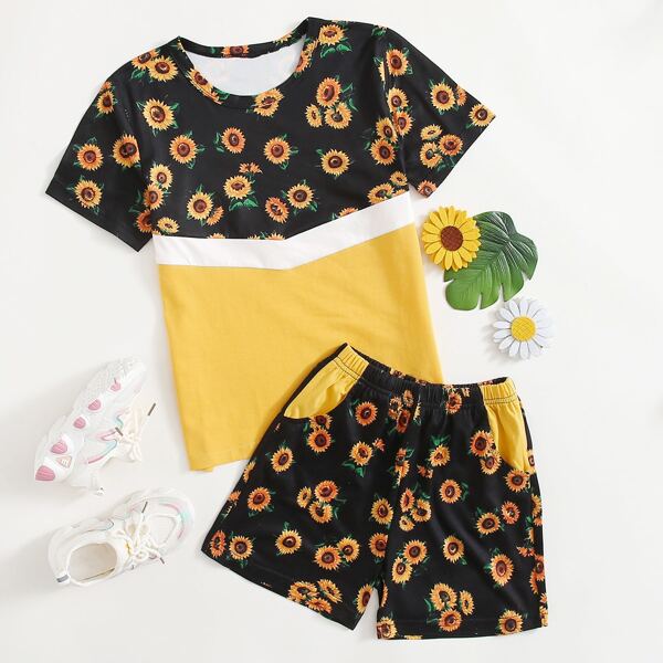 

Girls Sunflower Print Tee With Shorts, Multicolor
