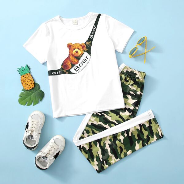 

Boys Bear & Letter Graphic Tee & Camo Pants, White