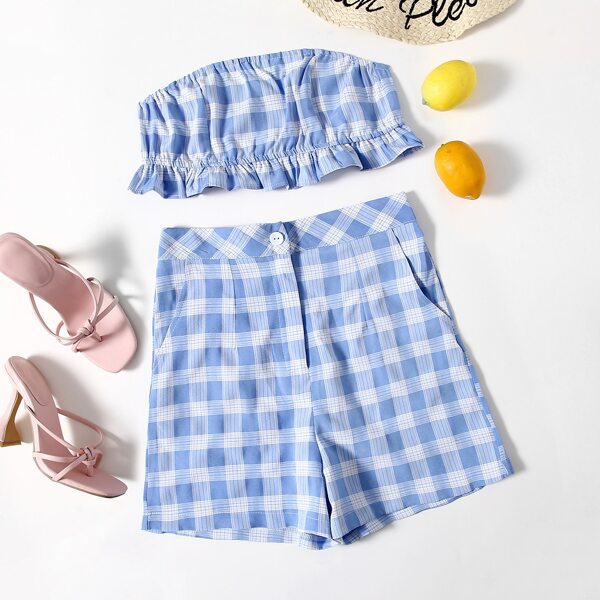 

Ruffle Hem Plaid Tube Top & Shorts Set, Blue and white