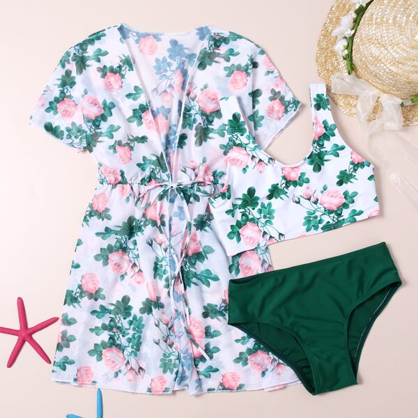 

3pack Girls Floral Bikini Swimsuit & Kimono, Multicolor