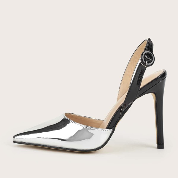 

Metallic Slingback Stiletto Pumps, Silver