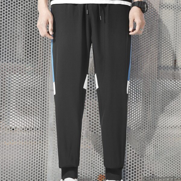 

Men Contrast Panel Side Drawstring Pants, Black