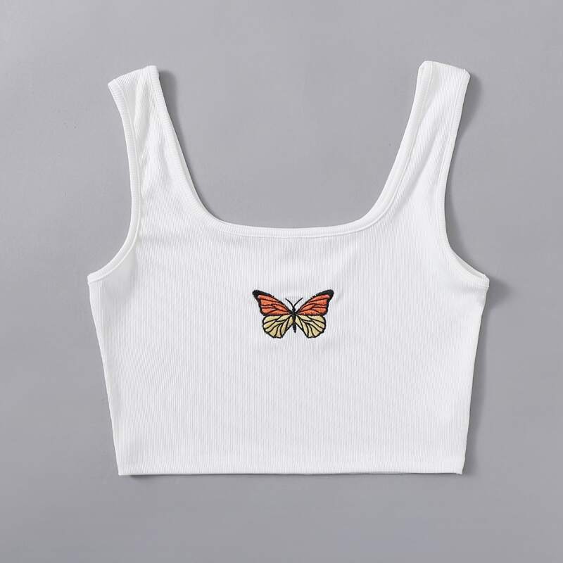

Butterfly Embroidery Crop Tank Top, White