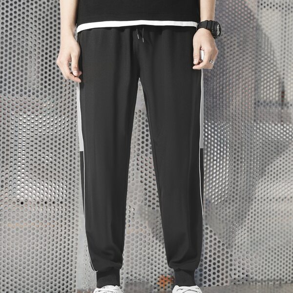 

Men Contrast Panel Side Drawstring Pants, Black