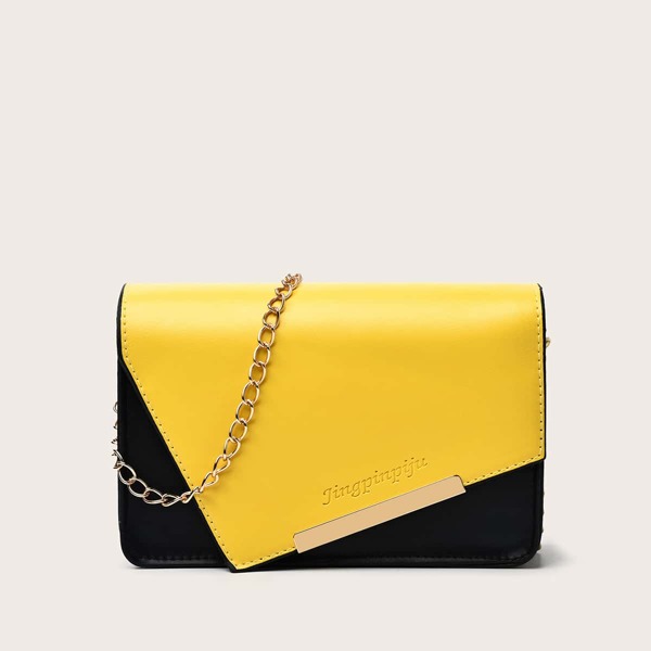 

Metal Detail Color Block Chain Bag, Yellow
