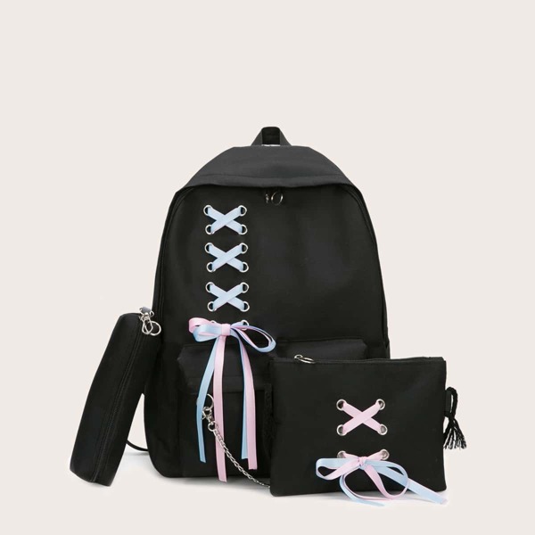 

3pcs Lace-up Decor Backpack Set, Black