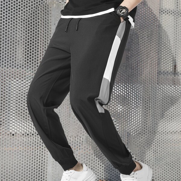 

Men Color-block Drawstring Waist Joggers, Black