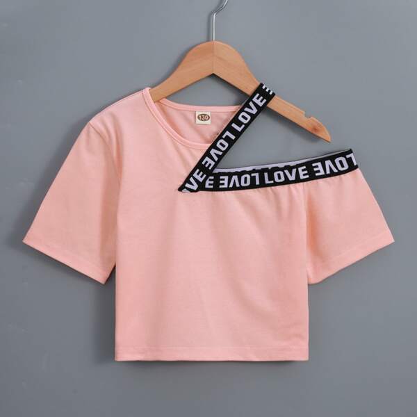 

Toddler Girls Asymmetrical Neck Letter Tape Panel Tee, Coral pink