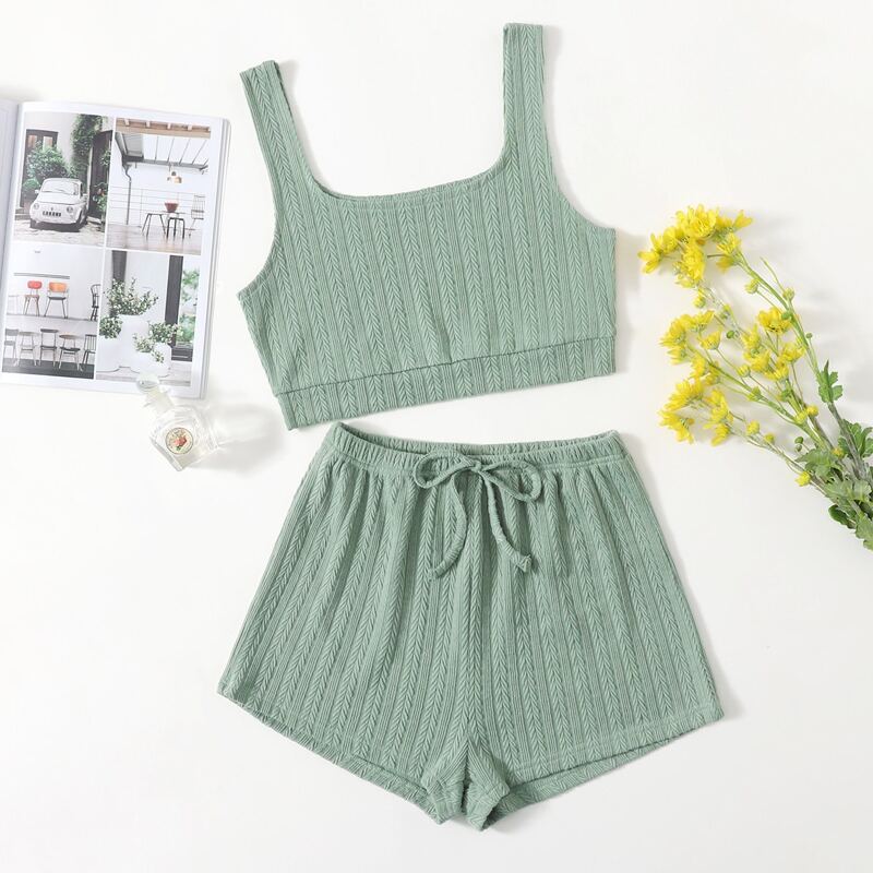 

Solid Drawstring Waist Lounge Set, Green
