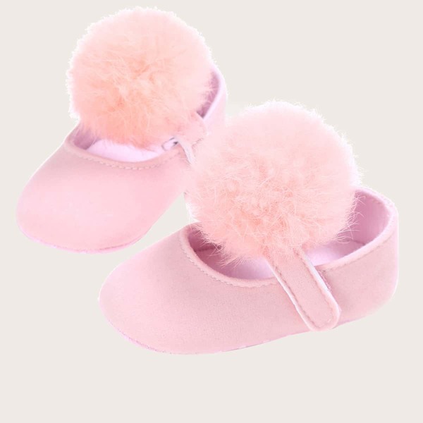 

Baby Girl Pom Pom Decor Velcro Strap Flats, Baby pink