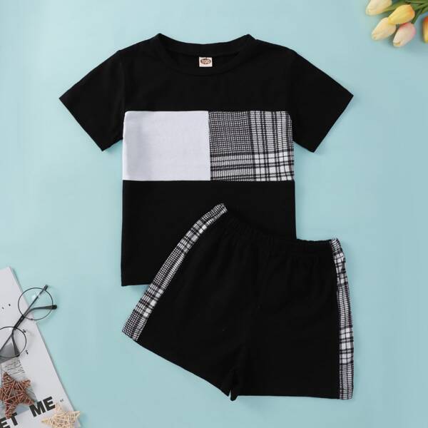 

Toddler Boys Contrast Panel Tee With Track Shorts, Black