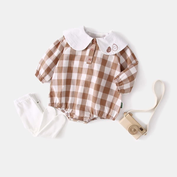 

Baby Girl Gingham Print Cartoon Embroidery Bodysuit Without Tights, Multicolor