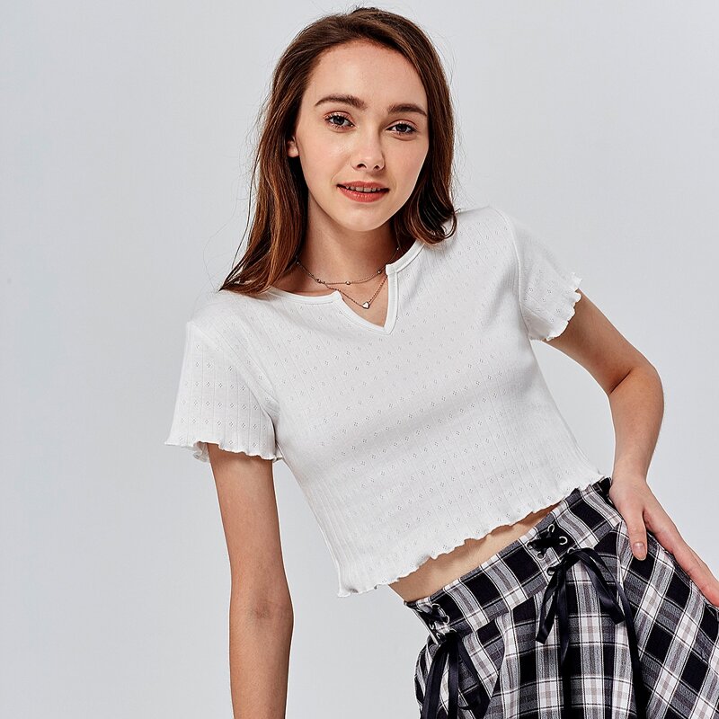 

Lettuce Edge Notched Pointelle Crop Tee, White