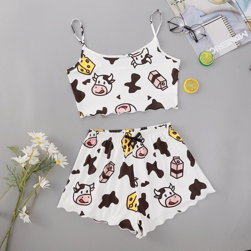

Cow Print Lettuce Trim Cami PJ Set, Black and white