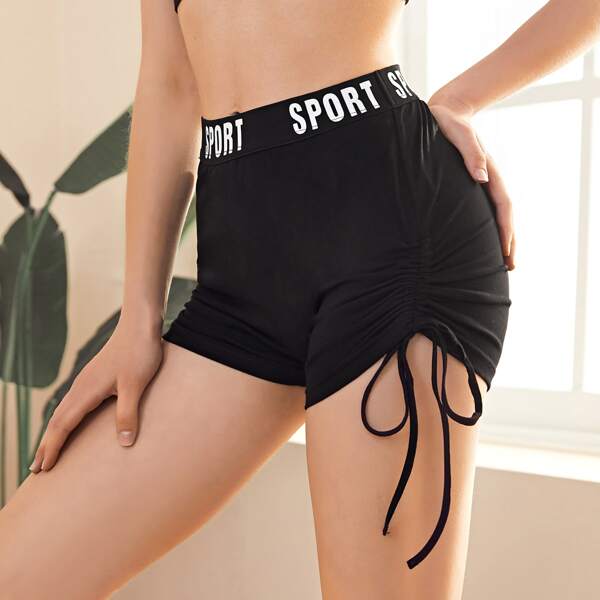 

Letter Graphic Drawstring Stacked Biker Shorts, Black