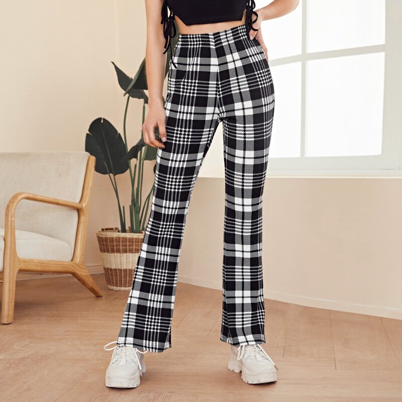 

Split Hem Plaid Pants, Black and white