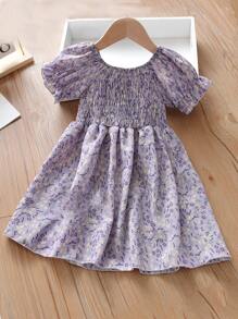 SHEIN 小女童小碎花圖案打褶洋裝