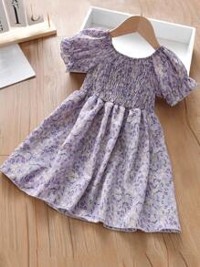 SHEIN 小女童小碎花圖案打褶洋裝