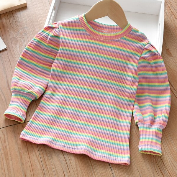 

Toddler Girls Ribbed Rainbow Striped Puff Sleeve Tee, Multicolor