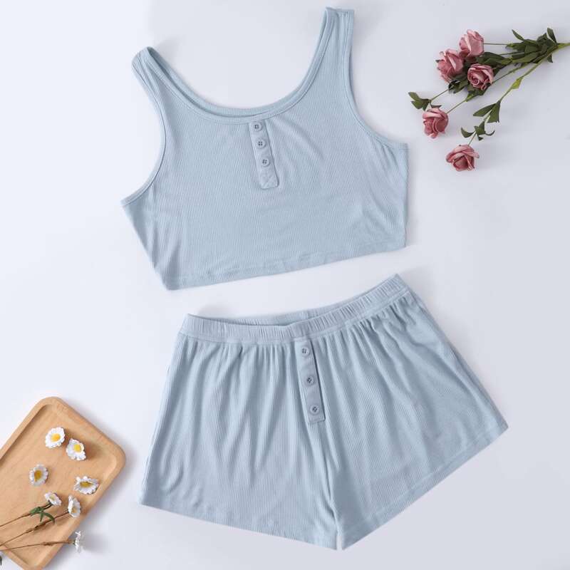 

Solid Button Front Crop Tank Top & Shorts PJ Set, Baby blue