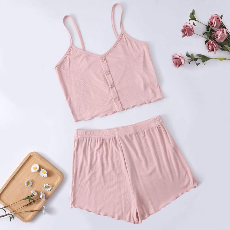 

Solid Button Front Lettuce Trim Cami PJ Set, Baby pink