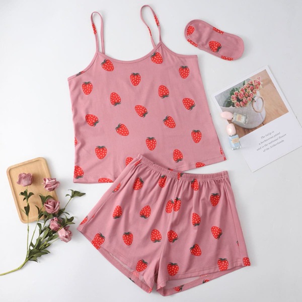 

Plus Strawberry Print Cami PJ Set & Eye Cover, Dusty pink