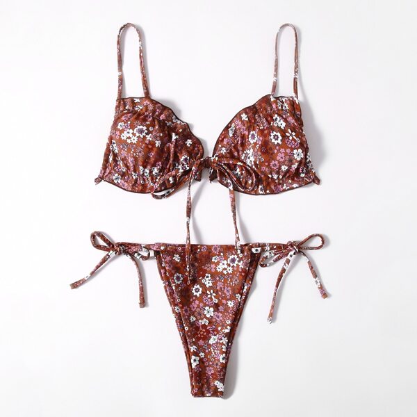 

Ditsy Floral Frill Tie Side Bikini Swimsuit, Multicolor
