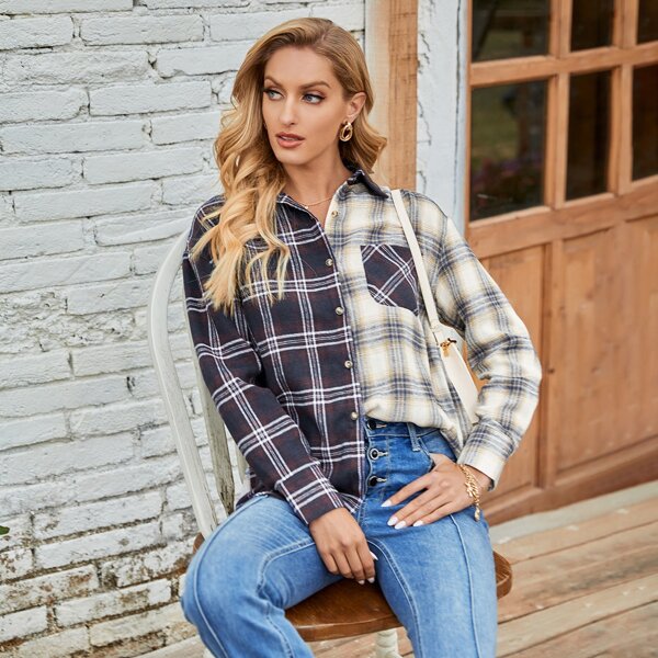 

Plaid Chest Pocket Longline Blouse, Multicolor
