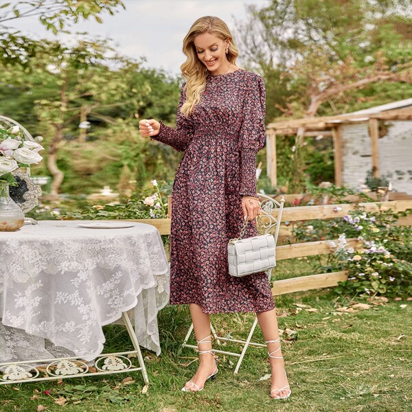 

Allover Floral Print Gigot Sleeve Dress, Multicolor