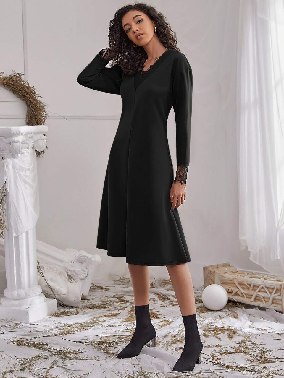 Lace Trim Drop Shoulder Dress