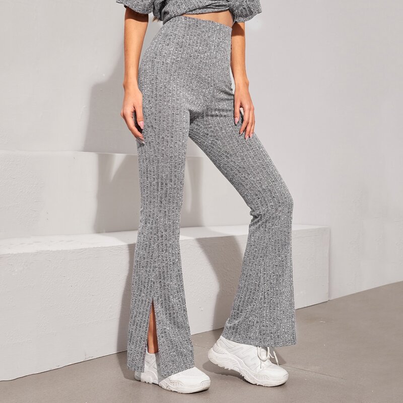 

Split Hem Rib-knit Pants, Grey