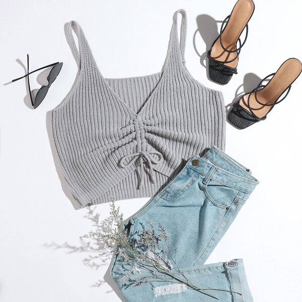 

Plus Drawstring Ruched Cami Knit Top, Grey