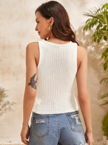 SHEIN LUNE 前鏤空羅紋針織背心上衣 - 白色 - 查看 2