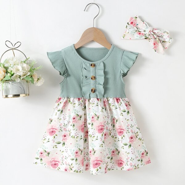 

Baby Girl Ruffle Trim Floral Print Dress, Multicolor