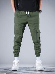 Manfinity Homme Pantalones con bolsillo con solapa de cintura con cordón - Verde militar - Ver 6