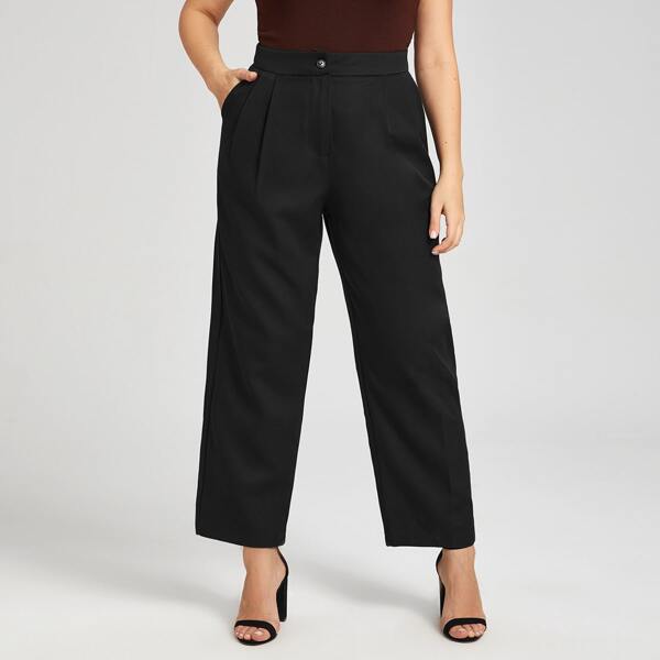 

Plus Button Waist Straight Leg Pants, Black