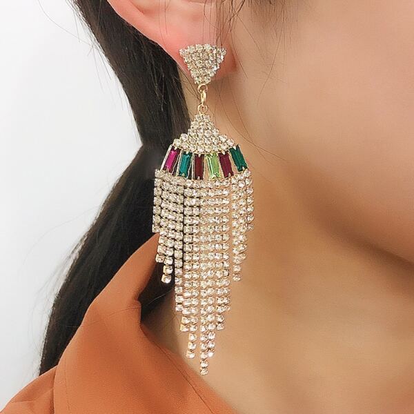 

Rhinestone Tassel Decor Drop Earrings, Multicolor