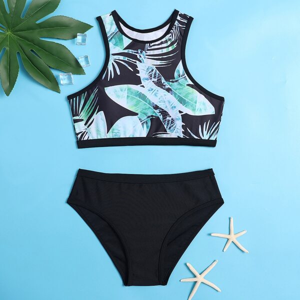 

Girls Random Leaf Print Bikini Swimsuit, Multicolor