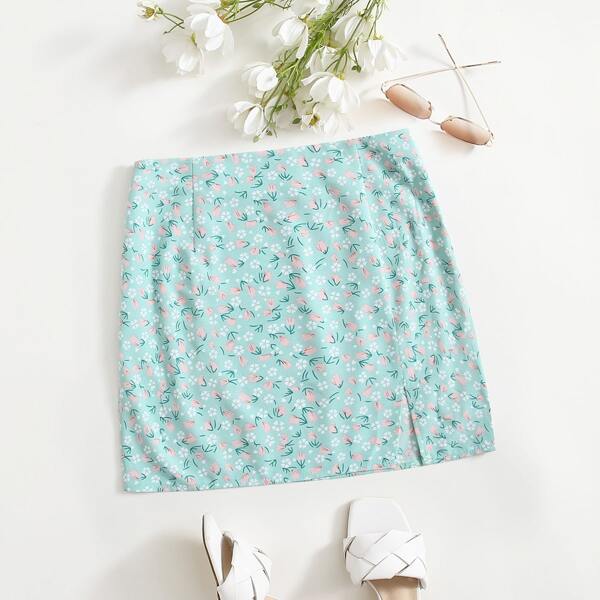 

Slit Hem Ditsy Floral Print Skirt, Mint green