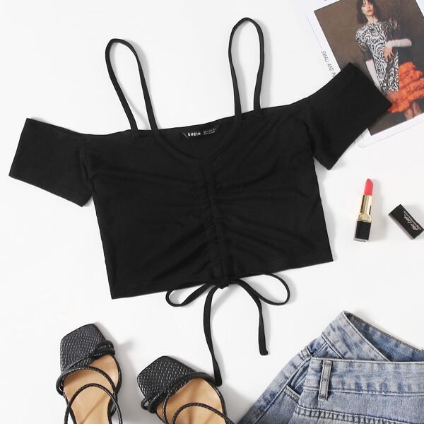 

Cold Shoulder Drawstring Top, Black
