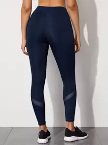 Yoga Trendy Sports Tights High Stretch Tummy Control Athletic Leggings With Contrast Mesh - Navy Blue - View 2