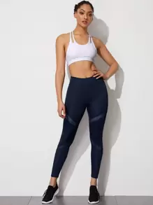 Yoga Trendy Sports Tights High Stretch Tummy Control Athletic Leggings With Contrast Mesh - Navy Blue - View 3