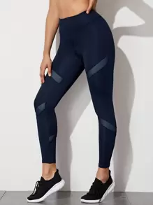 Yoga Trendy Sports Tights High Stretch Tummy Control Athletic Leggings With Contrast Mesh - Navy Blue - View 4