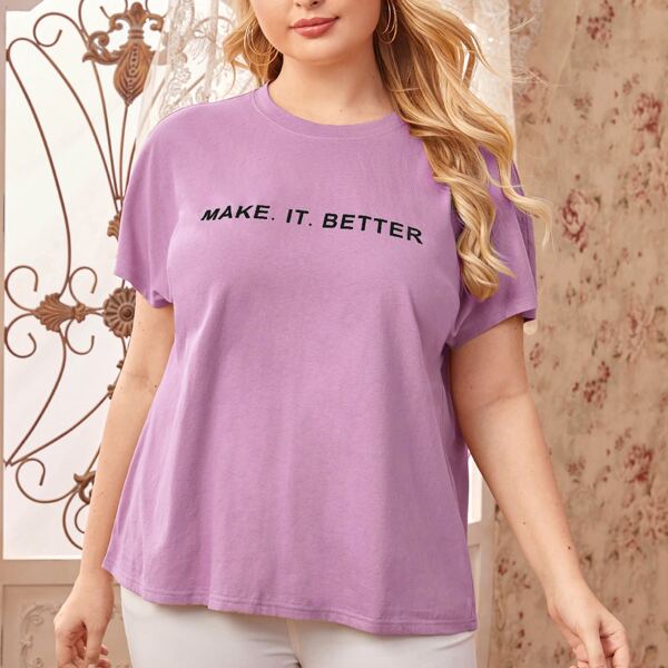 

Plus Slogan Graphic Batwing Sleeve Top, Lilac purple