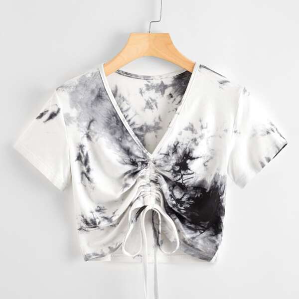 

Plus Drawstring Front Tie Dye Tee, Black and white