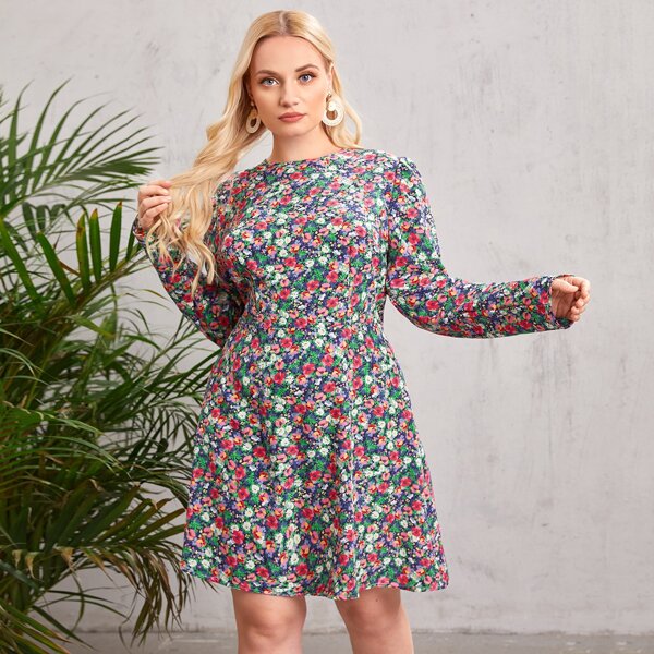

Plus Allover Floral A-line Dress, Multicolor