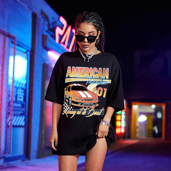 

Car And Letter Graphic Drop Shoulder Tee, Black